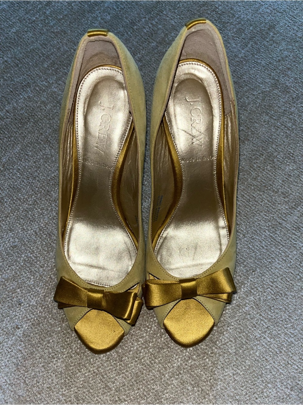 J. Crew Gold Satin Bow Peep-Toe Heels